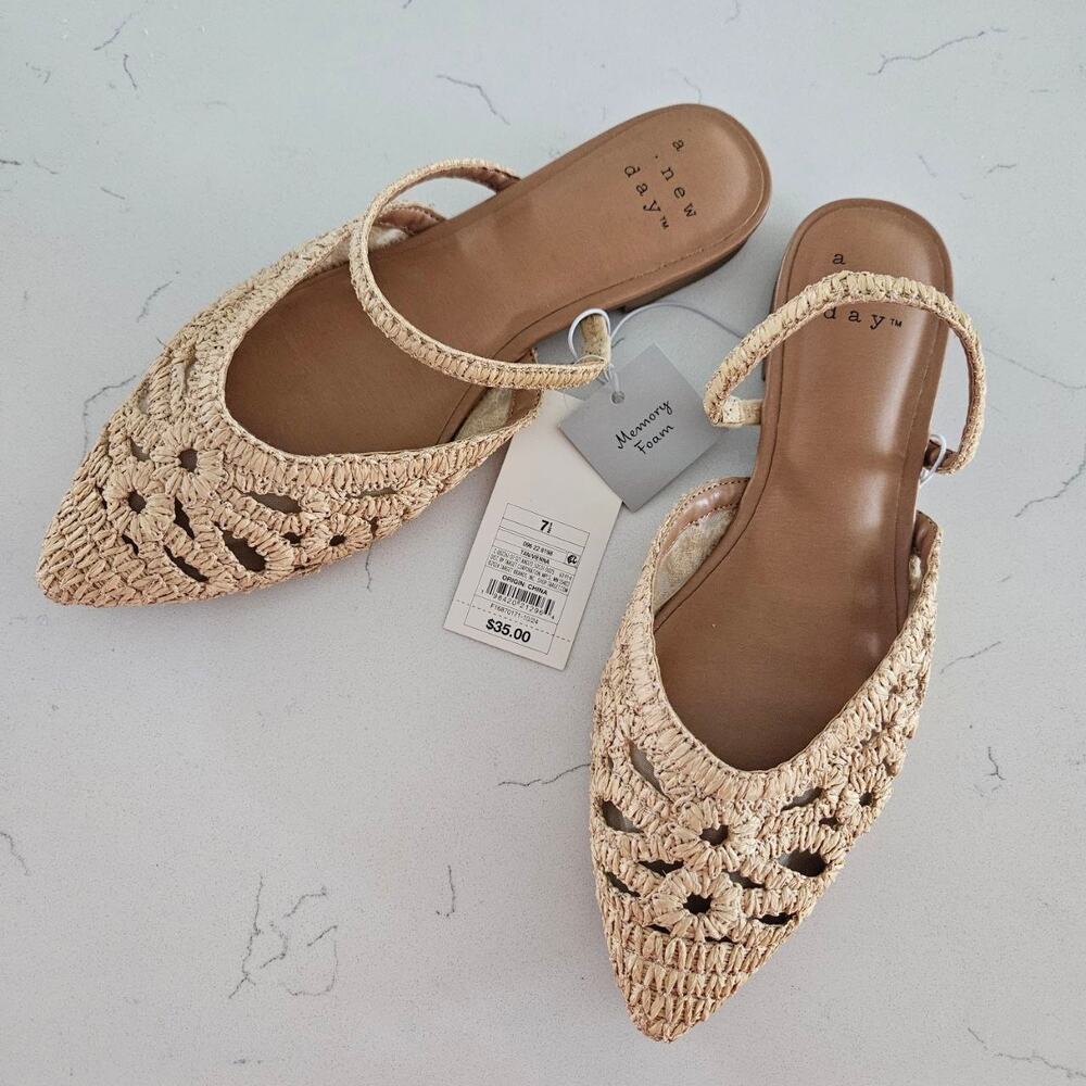 NWT A New Day Raffia Woven Pointed Toe Slingback Flats Natural 7.5